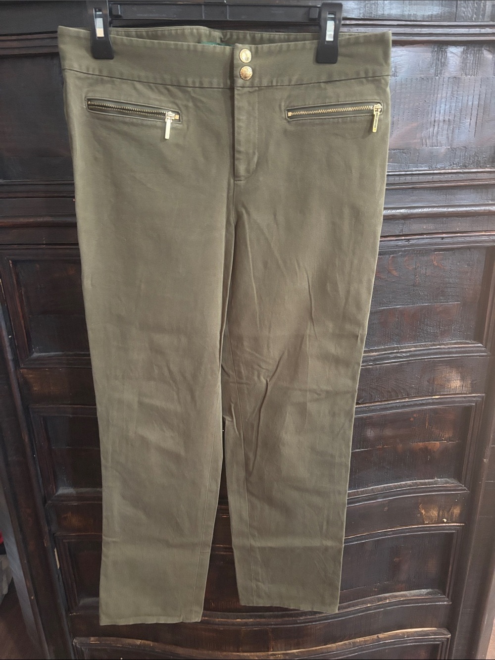 Lauren Ralph Lauren Olive Green Straight-Leg Pants with Gold Zippers - Picture 1 of 6